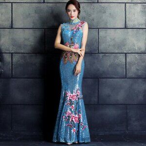 sky blue sequin embroidery adjustable size dress